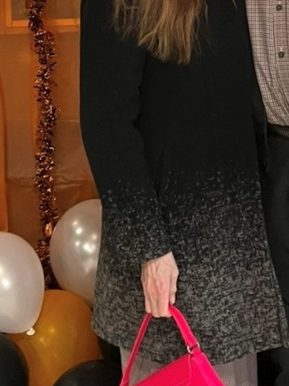 Chic Eileen Fisher black wool coat with white interspersed on the lower portion